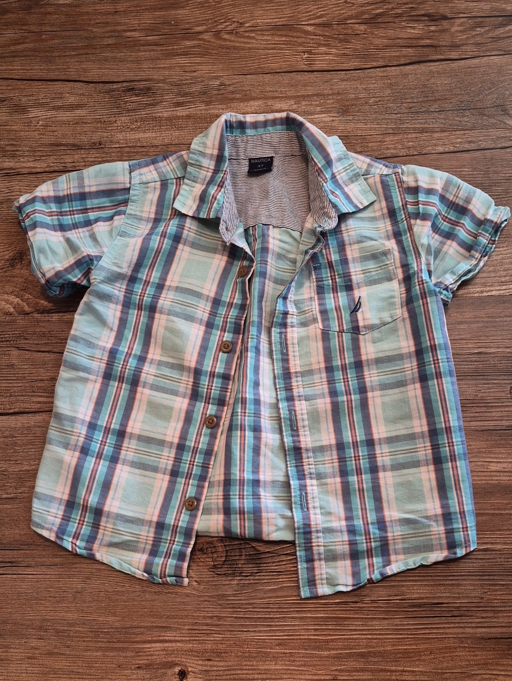 Nautica Short Sleeve Plaid Button-Up Shirt — Light Blue, Teal, Navy